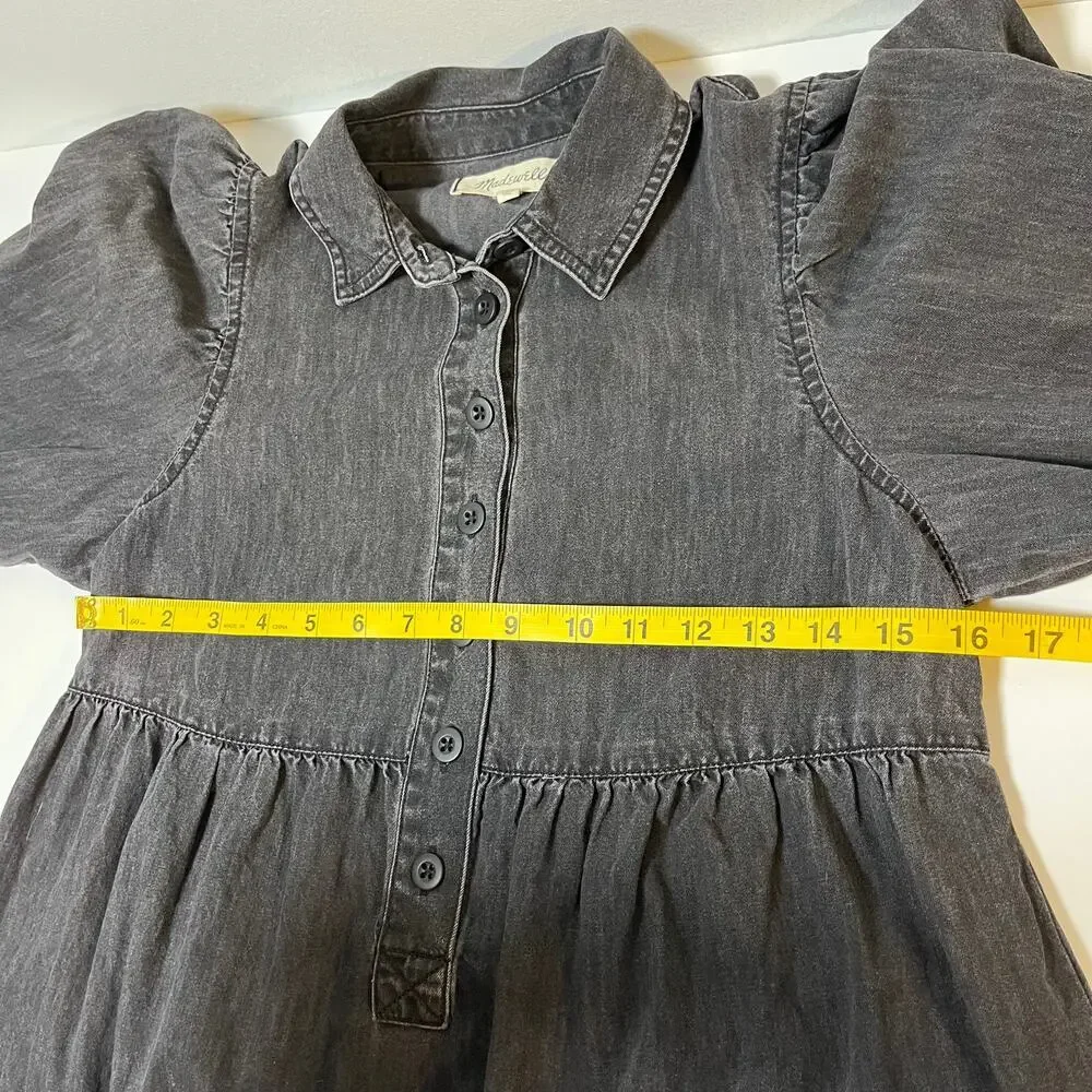 Madewell Denim Babydoll Shirt Dress Washed Black Jean Size XXS‎ Cottagecore Boho